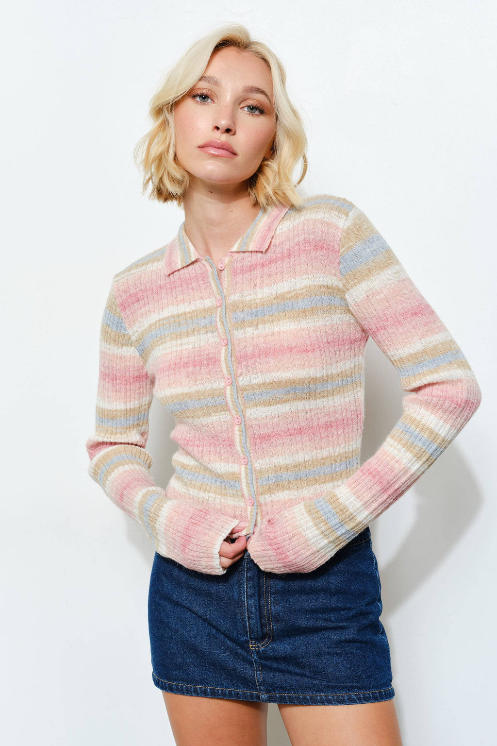 ALISON RIBBED POLO: Green Multi / S