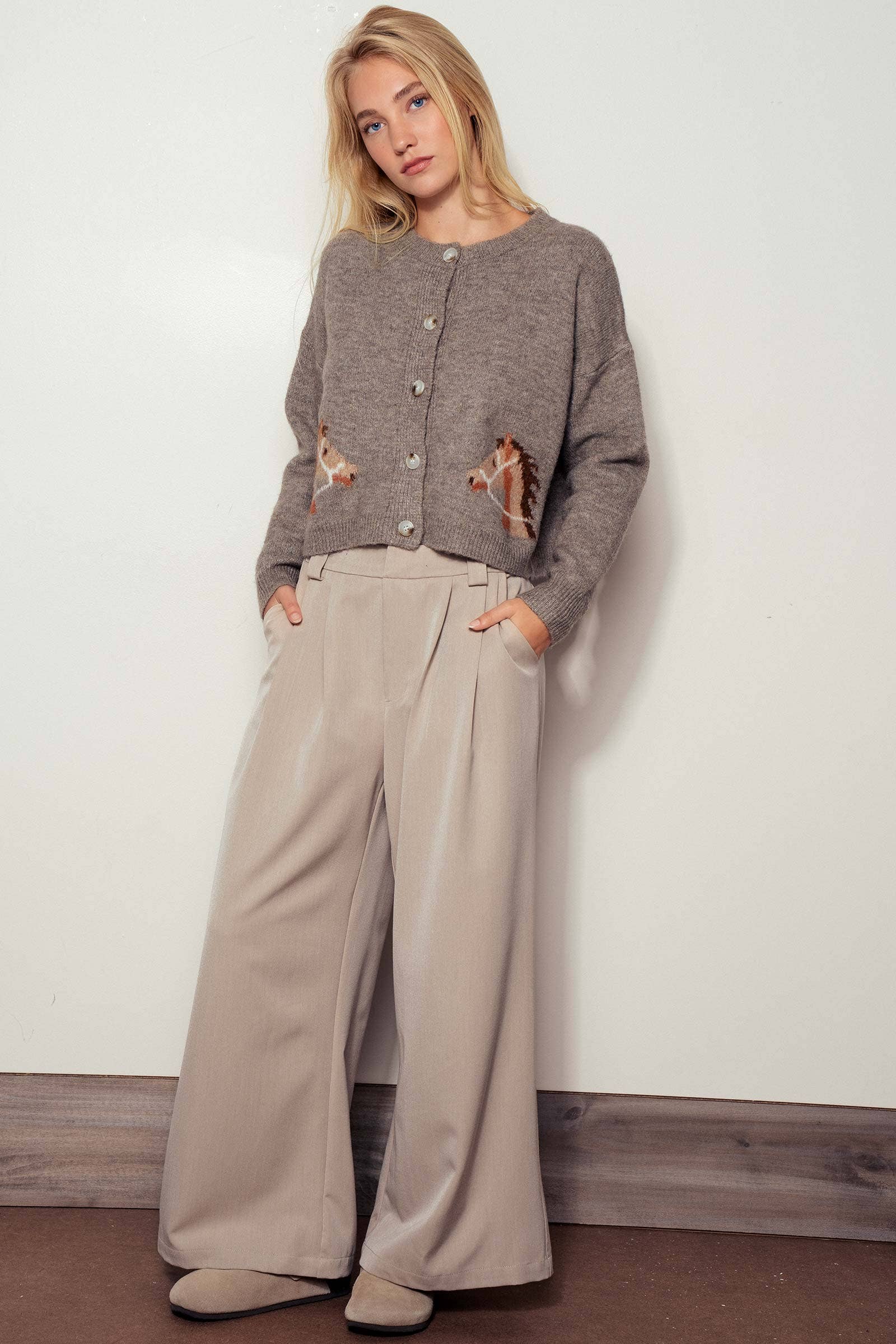 Western Horse Graphic Button Front Cropped Cardigan Sweater: IVORY / S/M-3:M/L-3