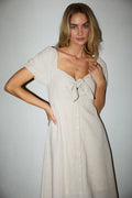 PUFF SLEEVE BUTTON DOWN FRONT TIE MAXI LINEN DRESS