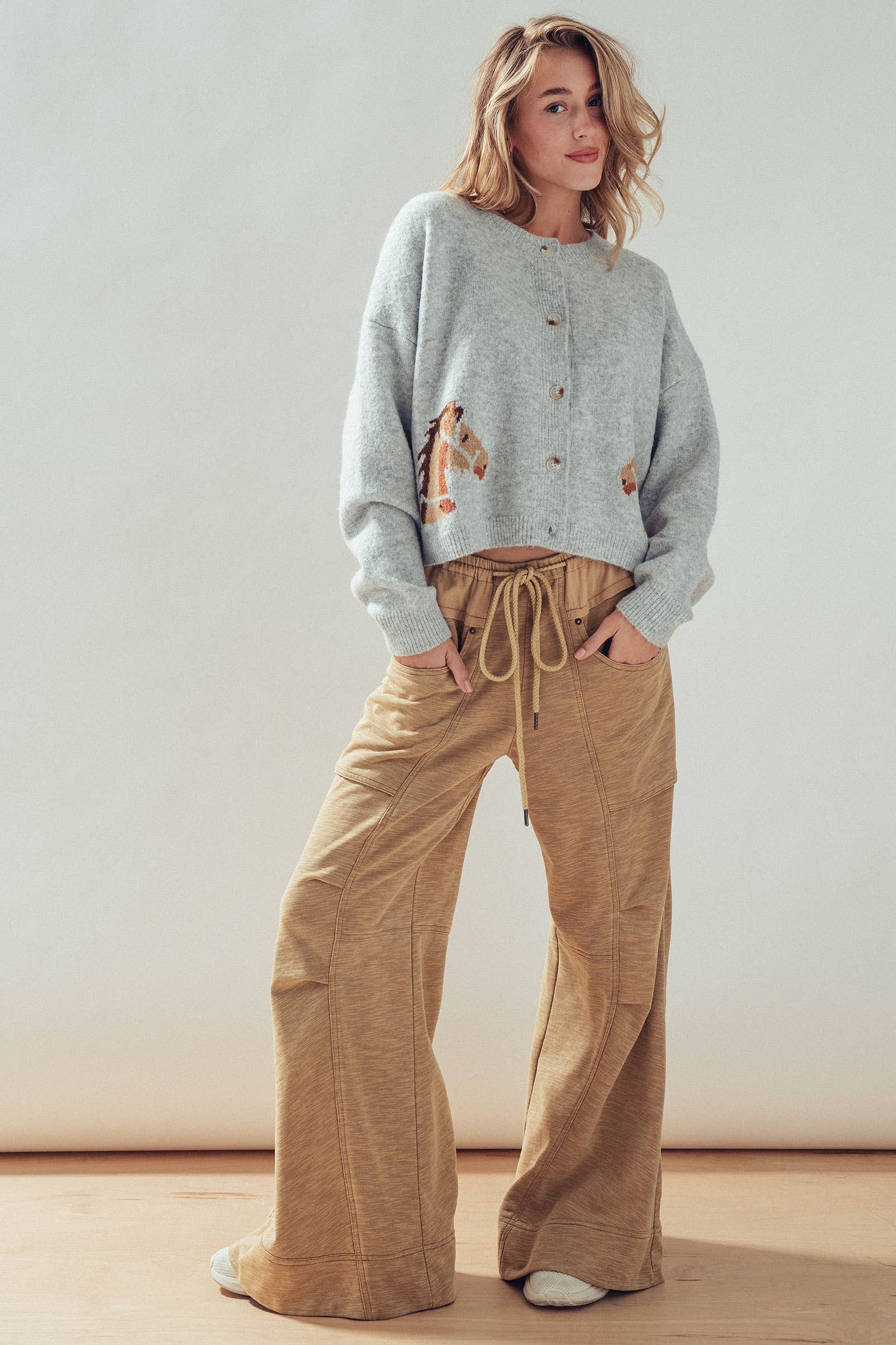 Western Horse Graphic Button Front Cropped Cardigan Sweater: IVORY / S/M-3:M/L-3