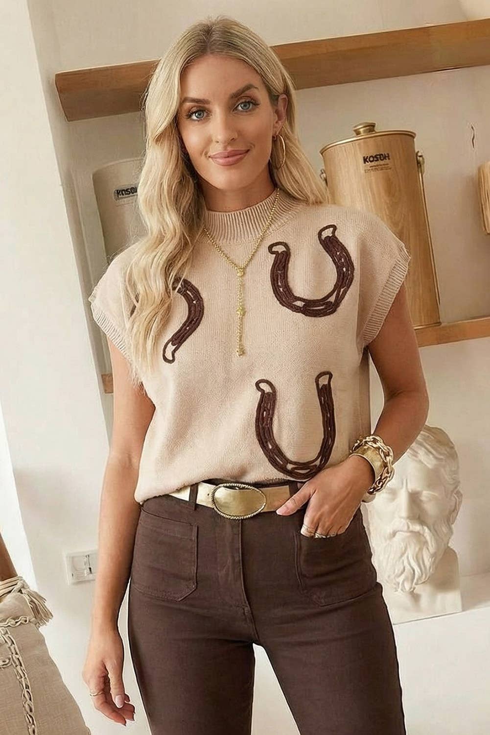 Cowgirl Horseshoe Mock Neck Knit Top: Beige