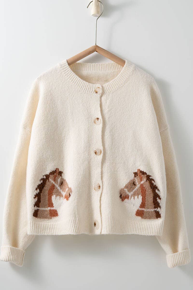 Western Horse Graphic Button Front Cropped Cardigan Sweater: IVORY / S/M-3:M/L-3