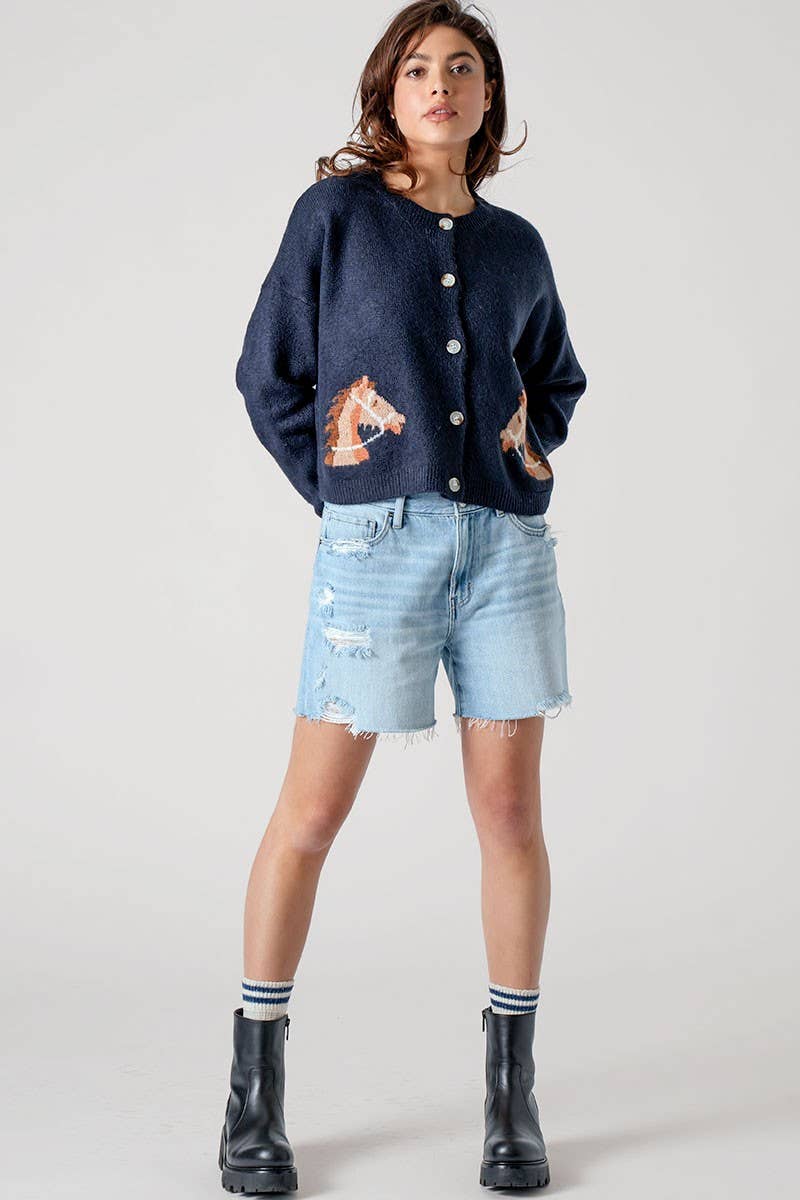 Western Horse Graphic Button Front Cropped Cardigan Sweater: IVORY / S/M-3:M/L-3