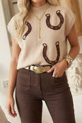 Cowgirl Horseshoe Mock Neck Knit Top: Beige