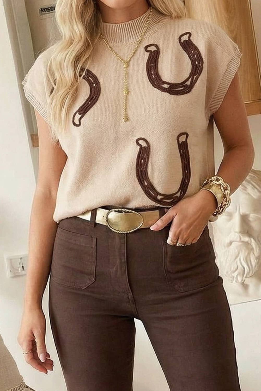 Cowgirl Horseshoe Mock Neck Knit Top: Beige