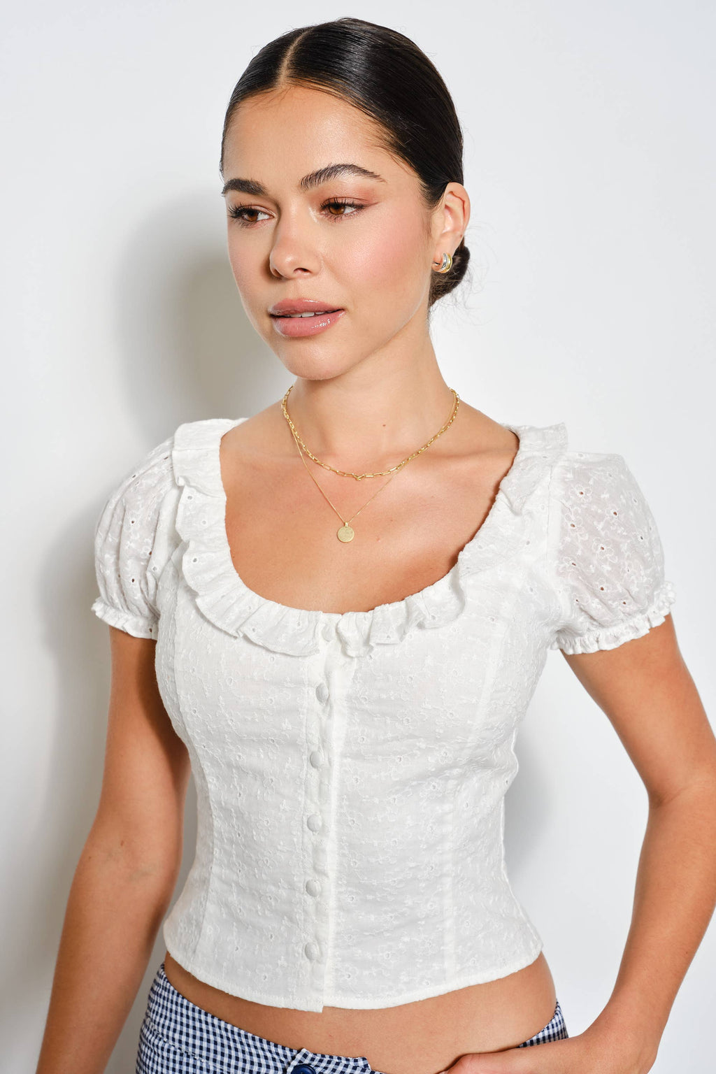 FLORIAN EYELET TOP: Off-White / S