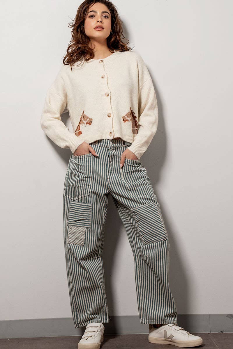 Western Horse Graphic Button Front Cropped Cardigan Sweater: IVORY / S/M-3:M/L-3