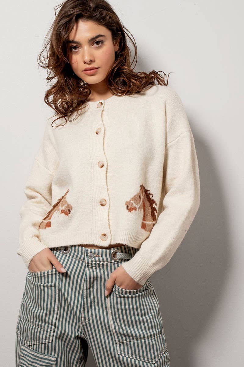 Western Horse Graphic Button Front Cropped Cardigan Sweater: IVORY / S/M-3:M/L-3