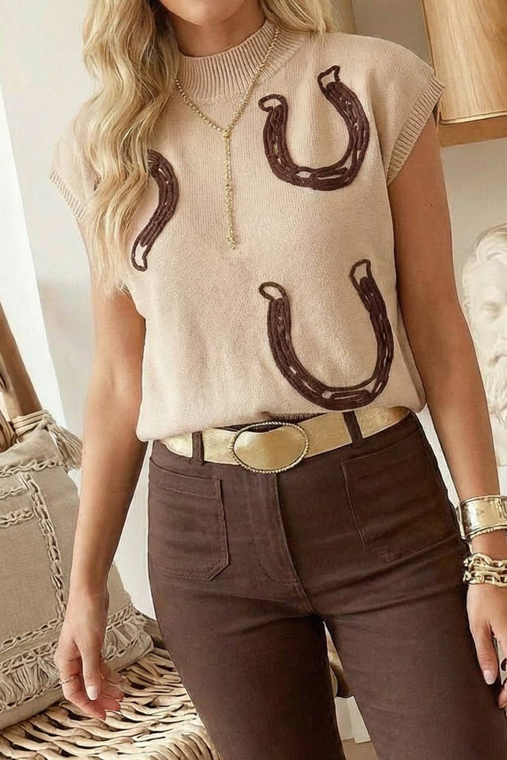 Cowgirl Horseshoe Mock Neck Knit Top: Beige