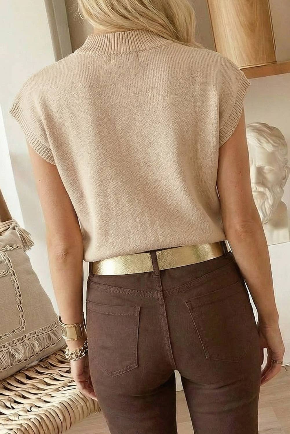 Cowgirl Horseshoe Mock Neck Knit Top: Beige